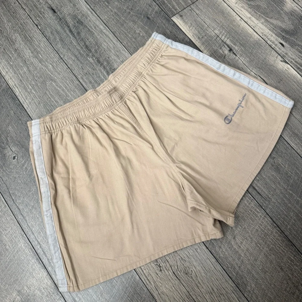 Y2K Champion Tan Khaki Cotton Twill Athletic Shorts Side Stripe GJ012022 Mens L